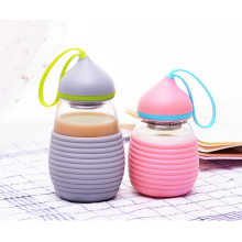 Borosilicate glass tea bottle,insulated water bottle with silicone sleeve and cute lid.